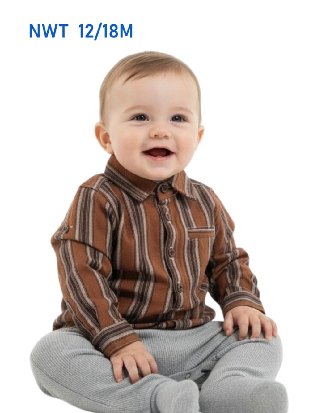 Me & Henry Brown Stripe Long Sleeve Woven Bodysuit - Size 12/18m